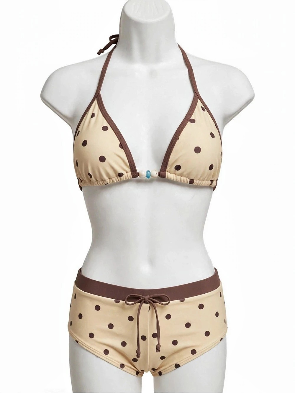 Uellow Brown Polka Dot Bikini Set Size S - Halter Top + Boy Shorts NWT Y2K Retro
